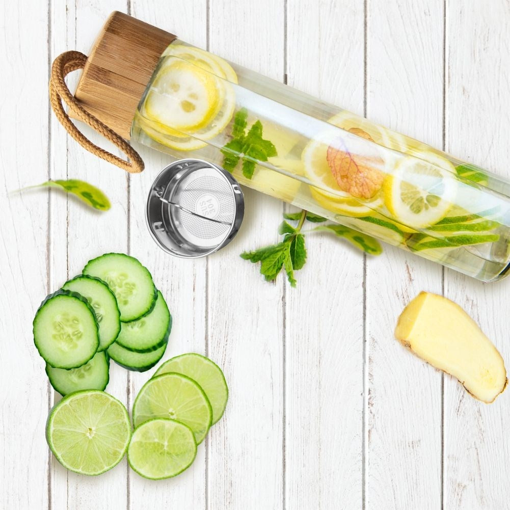 Glass bottle with steel strainer for efficient filtering of drinks