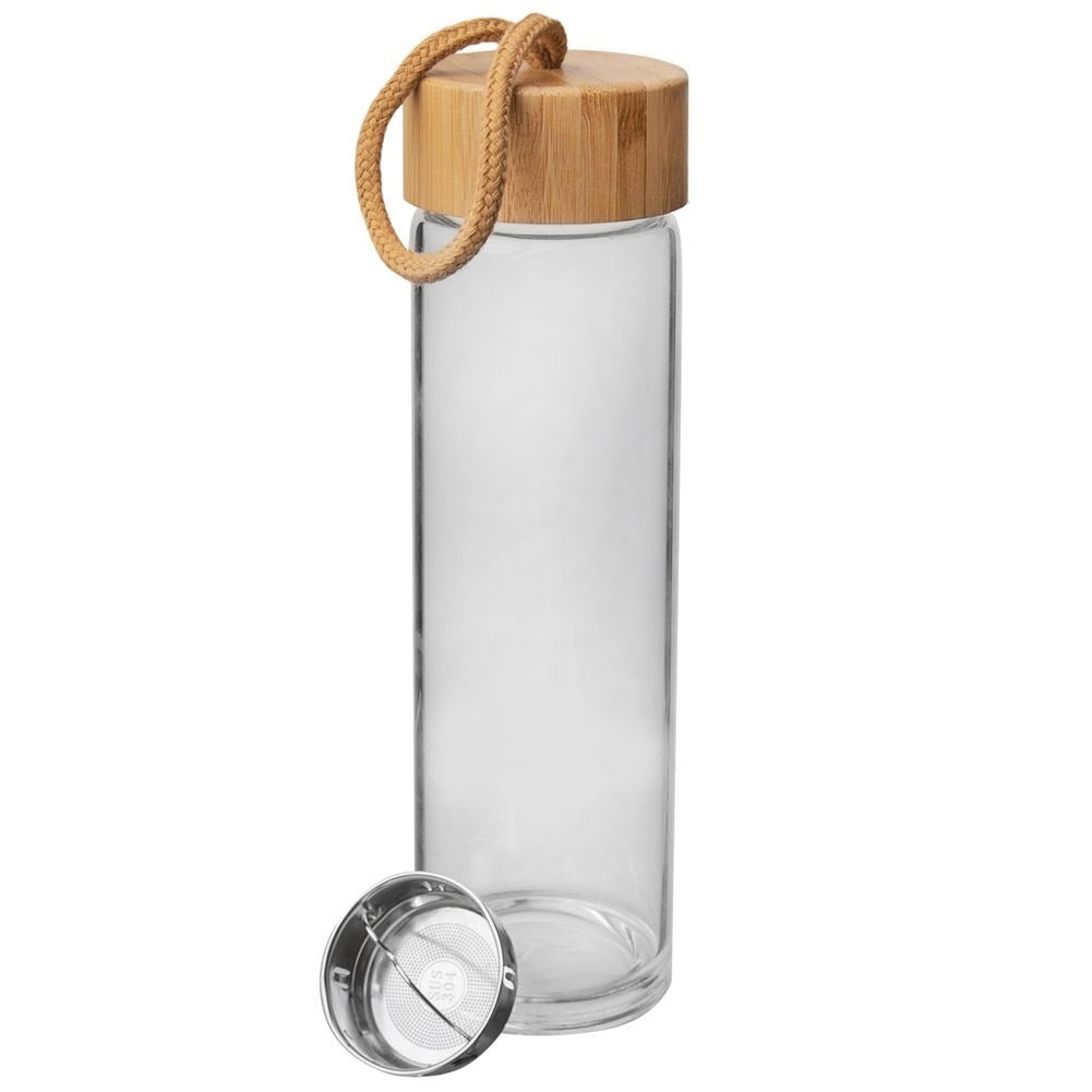 Glass bottle with steel strainer for efficient filtering of drinks