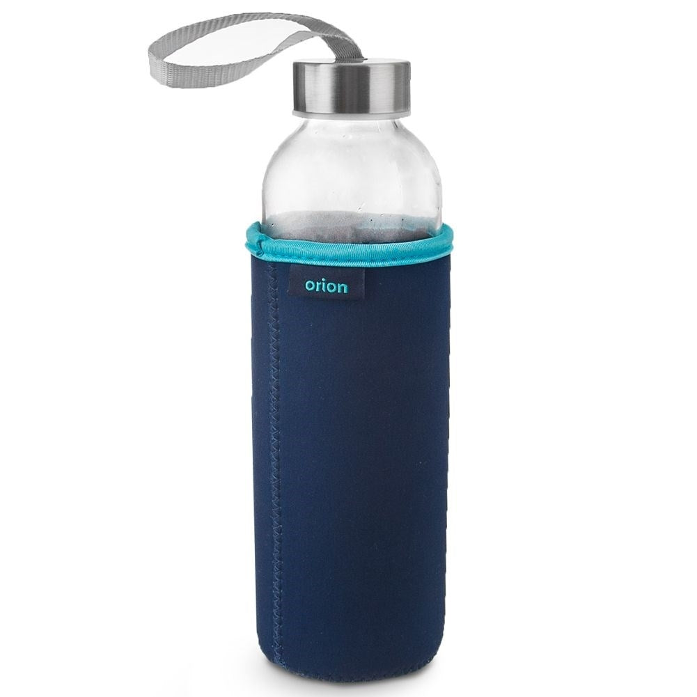 Glass bottle with thermal sleeve and metal lid for transport