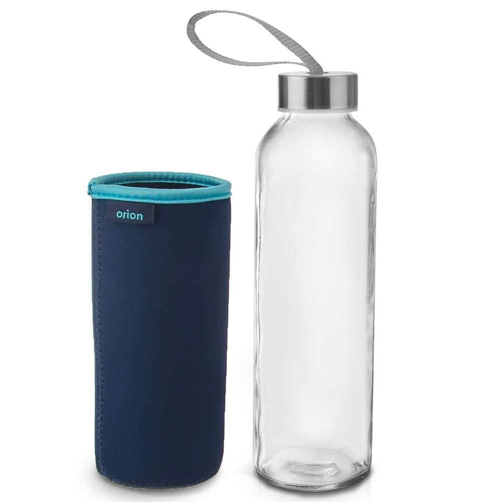 Glass bottle with thermal sleeve and metal lid for transport