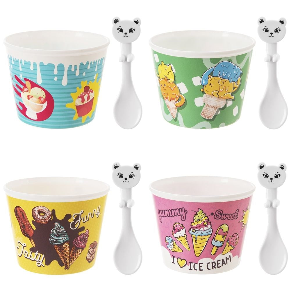 Glass bowls with bear-shaped spoons - 4 sets
