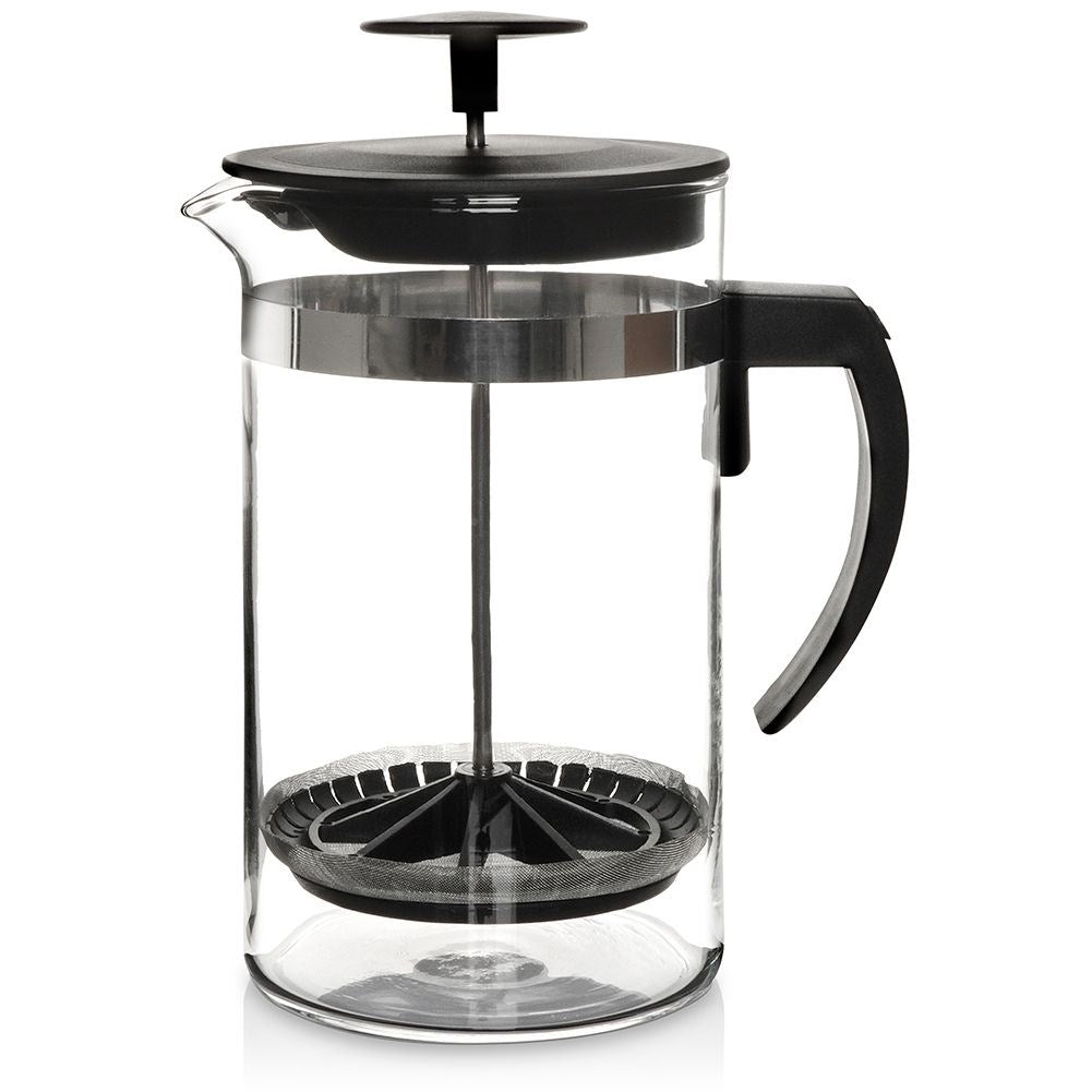 Glass brewer with plunger for coffee, tea and milk frothing.