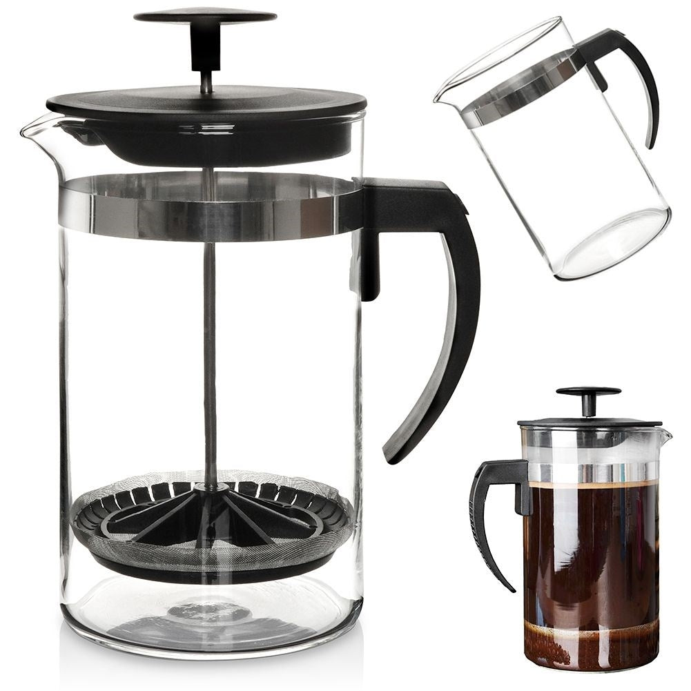Glass brewer with plunger for coffee, tea and milk frothing.