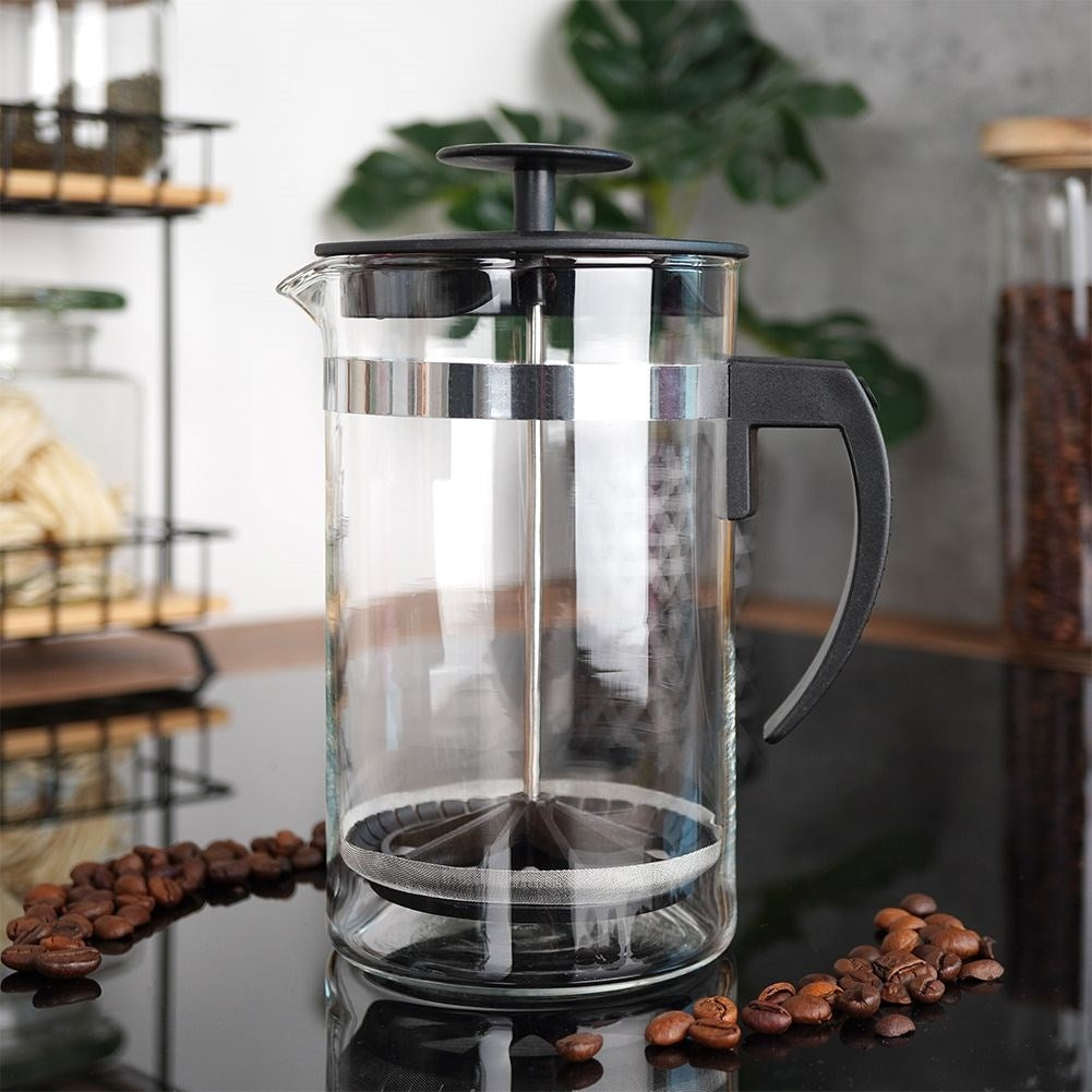 Glass brewer with plunger for coffee, tea and milk frothing.