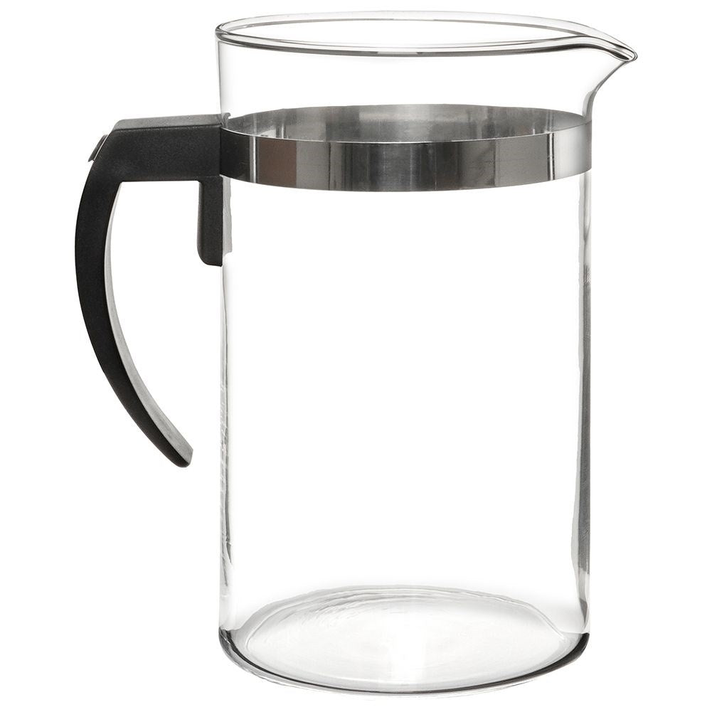 Glass brewer with plunger for coffee, tea and milk frothing.