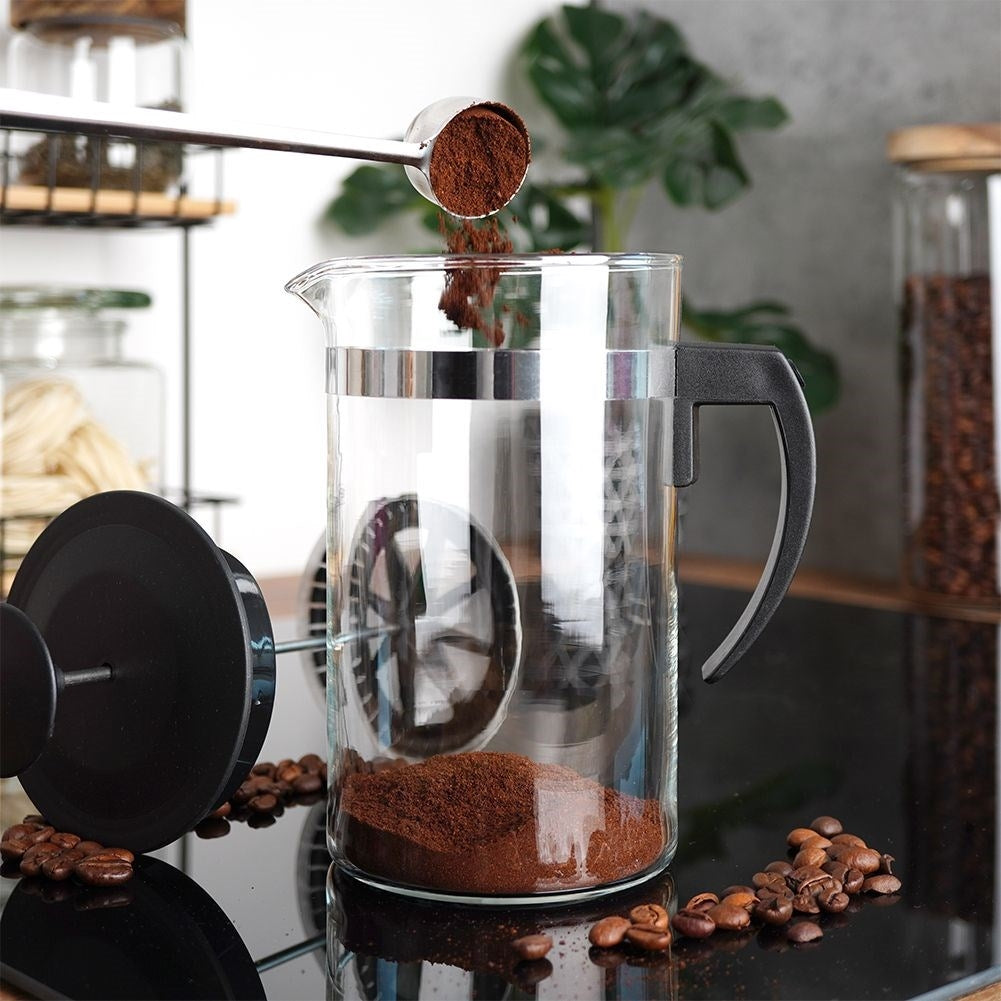 Glass brewer with plunger for coffee, tea and milk frothing.