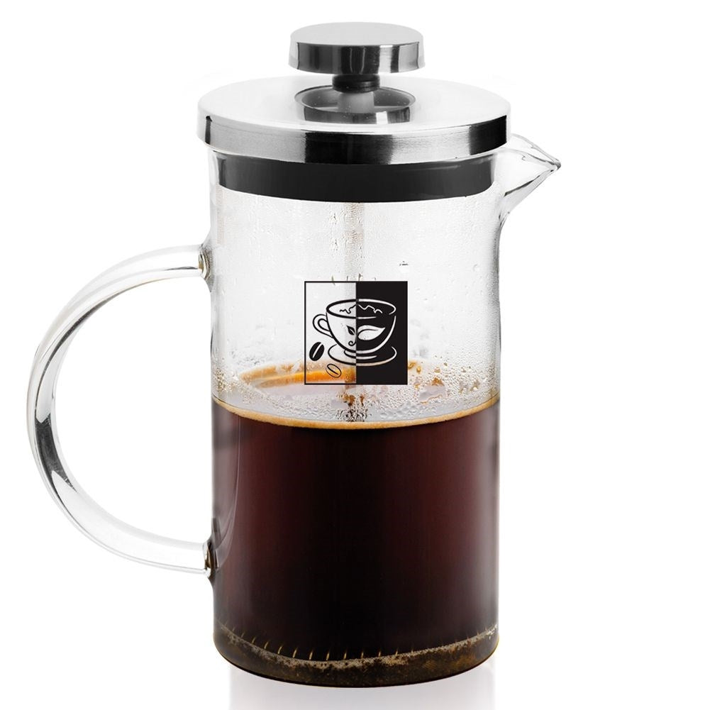 Glass brewer with strainer for coffee, tea and herbs