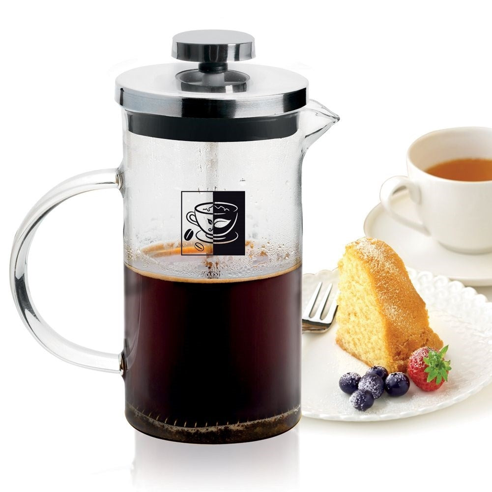 Glass brewer with strainer for coffee, tea and herbs