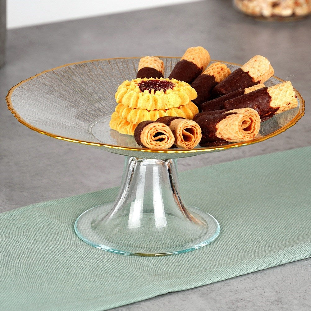 Glass cake stand on gold leg 21 cm