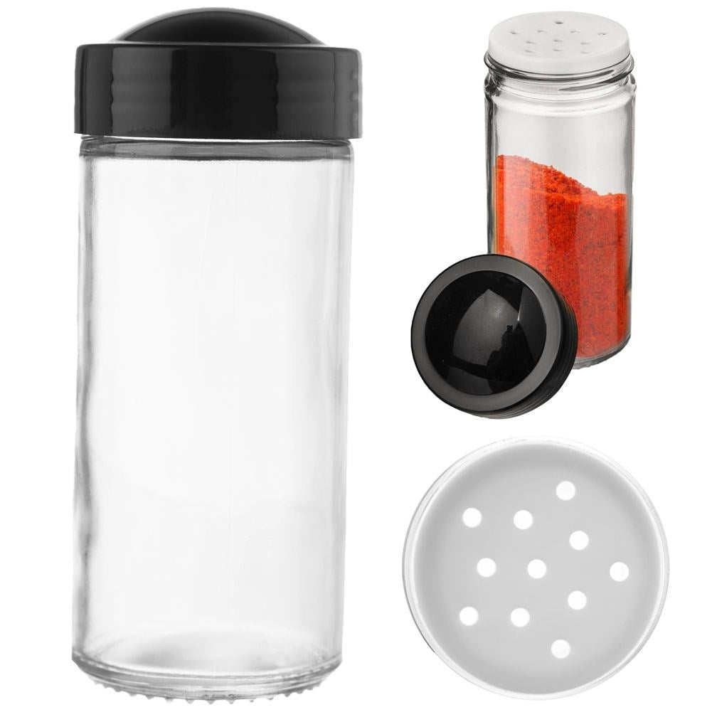 Glass container for spices with black plastic cap