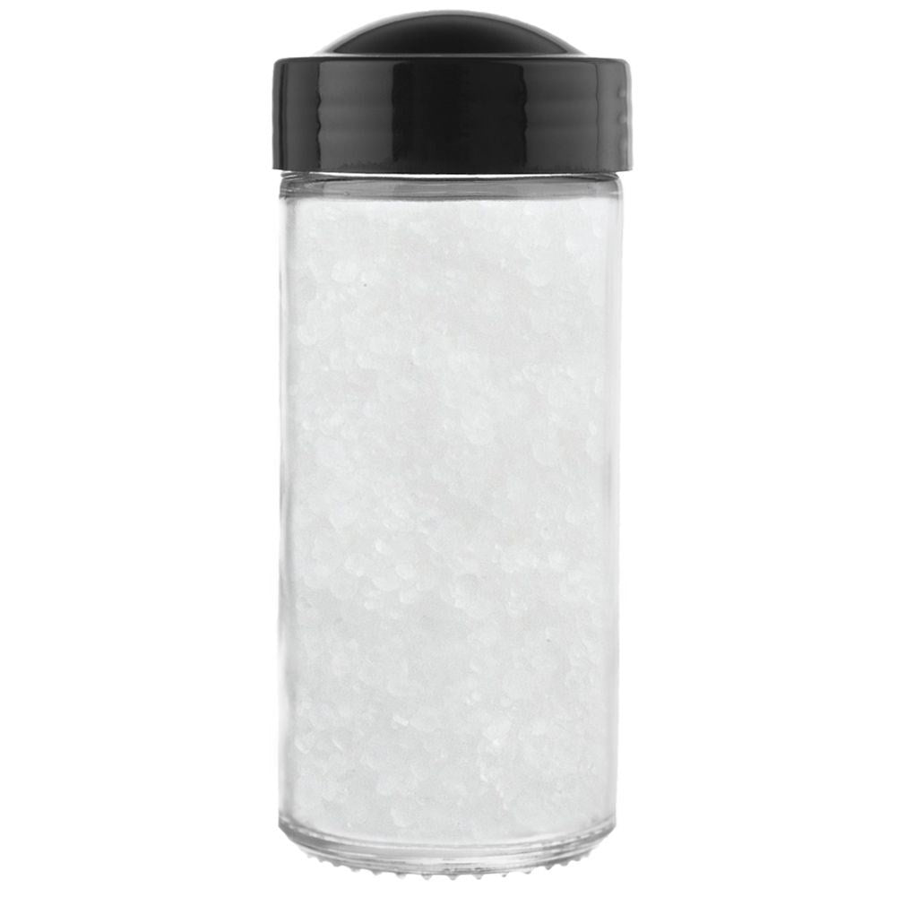Glass container for spices with black plastic cap