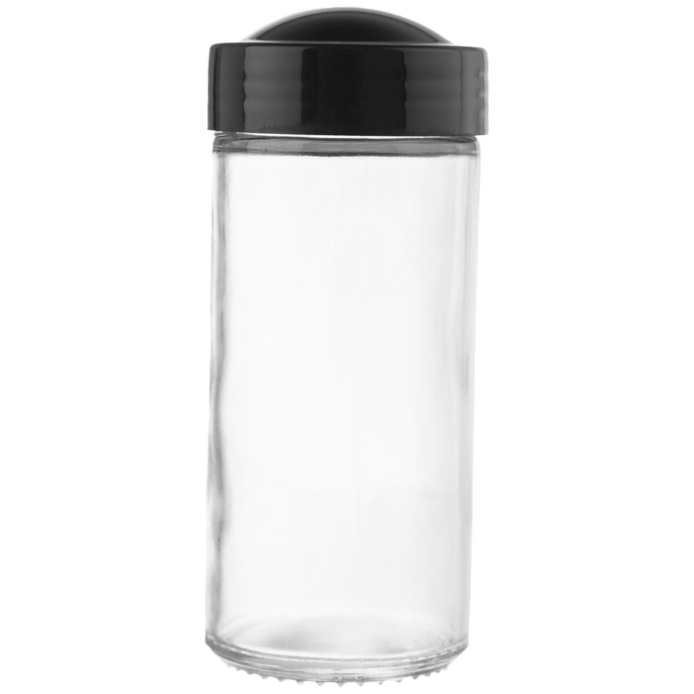 Glass container for spices with black plastic cap