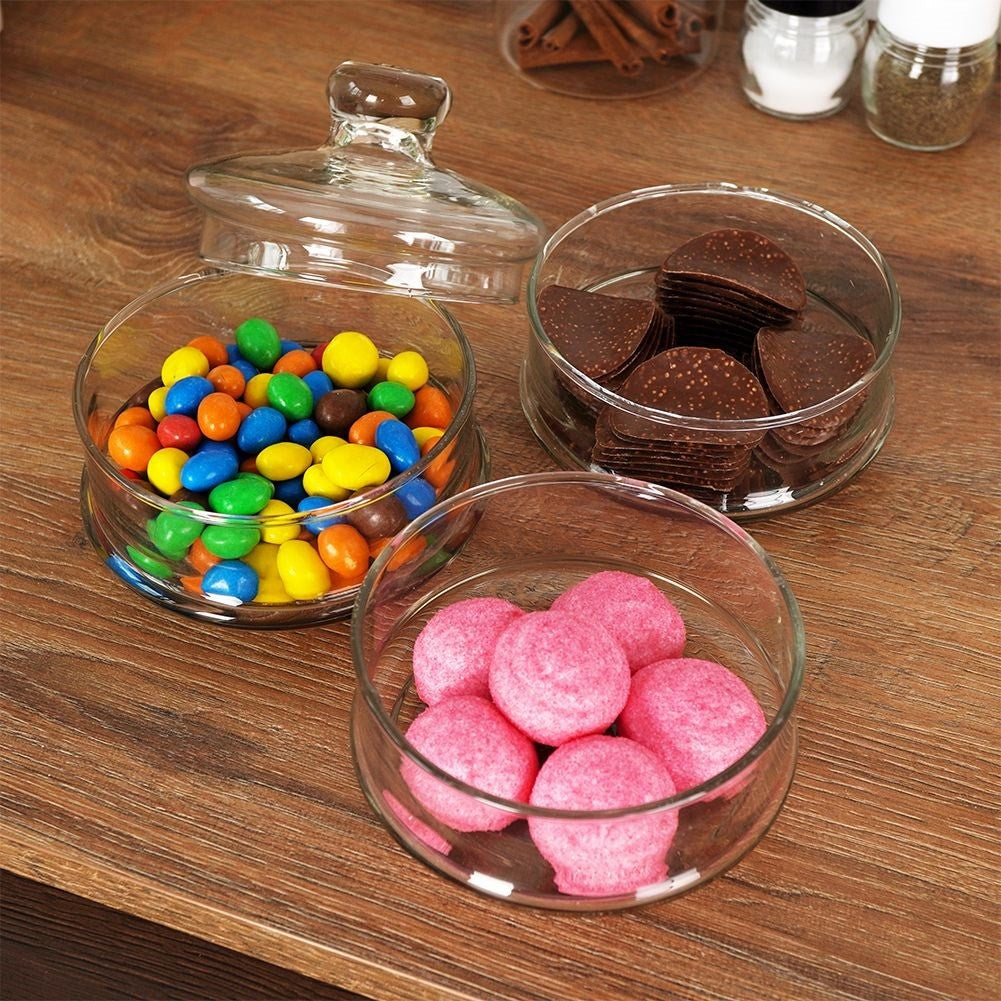 Glass container set with lid for kitchen storage of sweets