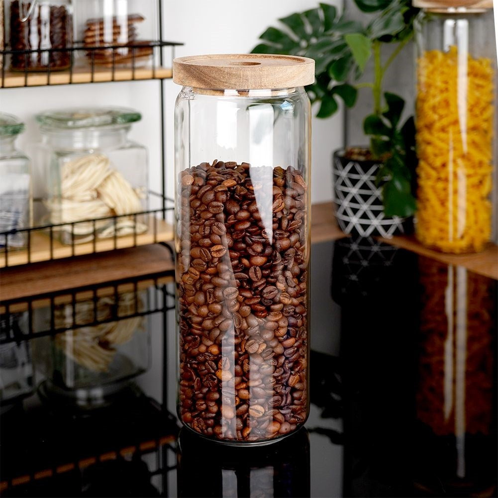 Glass container with airtight acacia wood lid