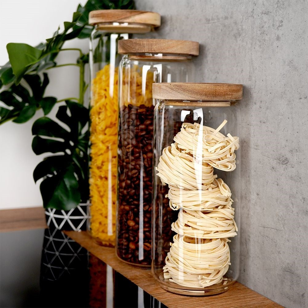 Glass container with airtight acacia wood lid