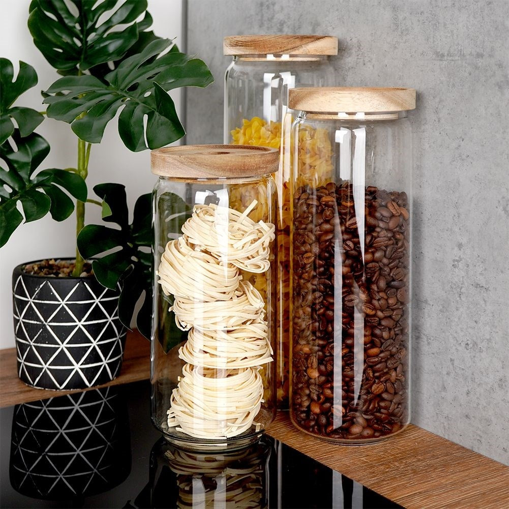 Glass container with airtight acacia wood lid