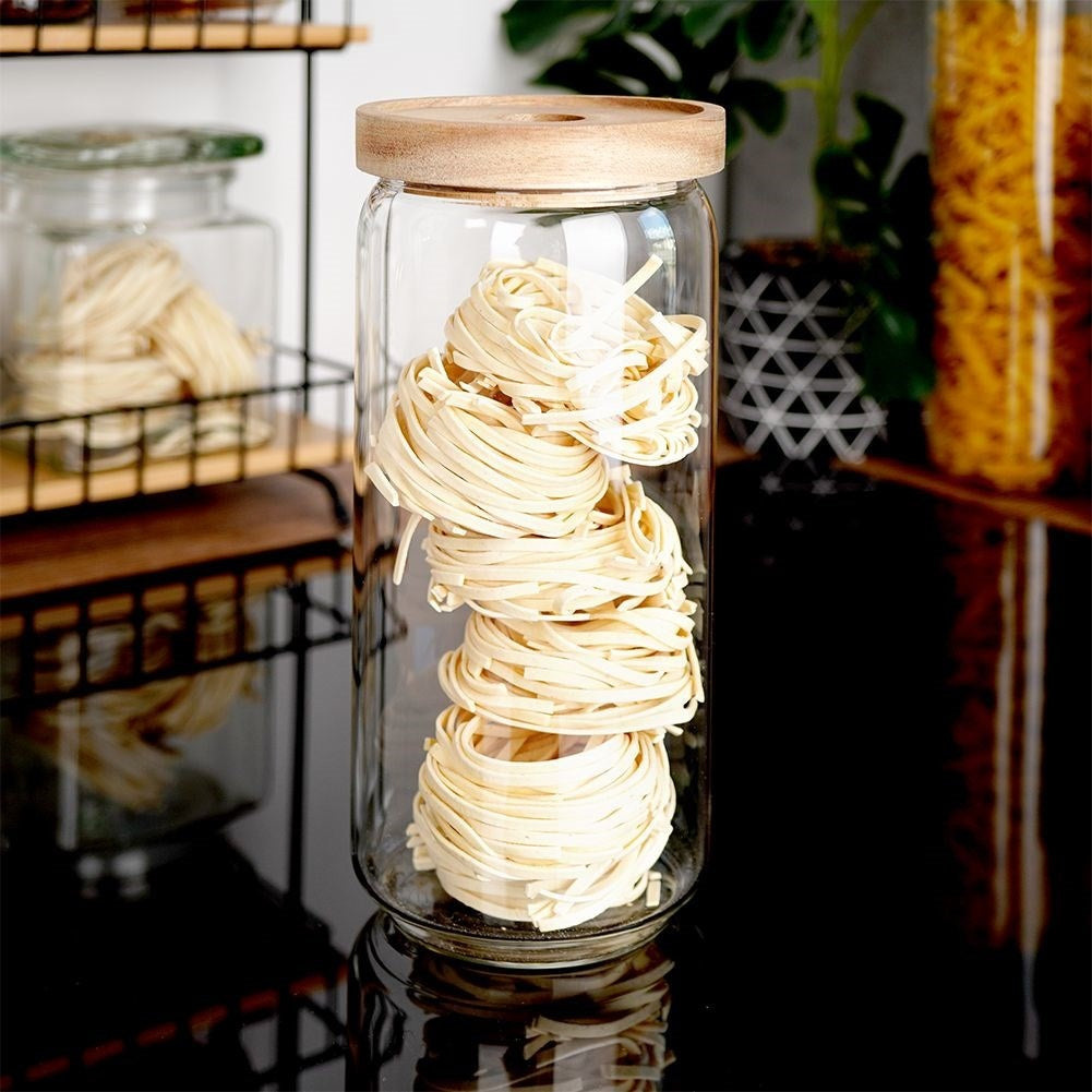 Glass container with airtight acacia wood lid