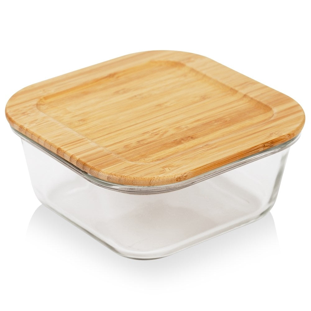 Glass container with bamboo lid and sealing ring for food storage