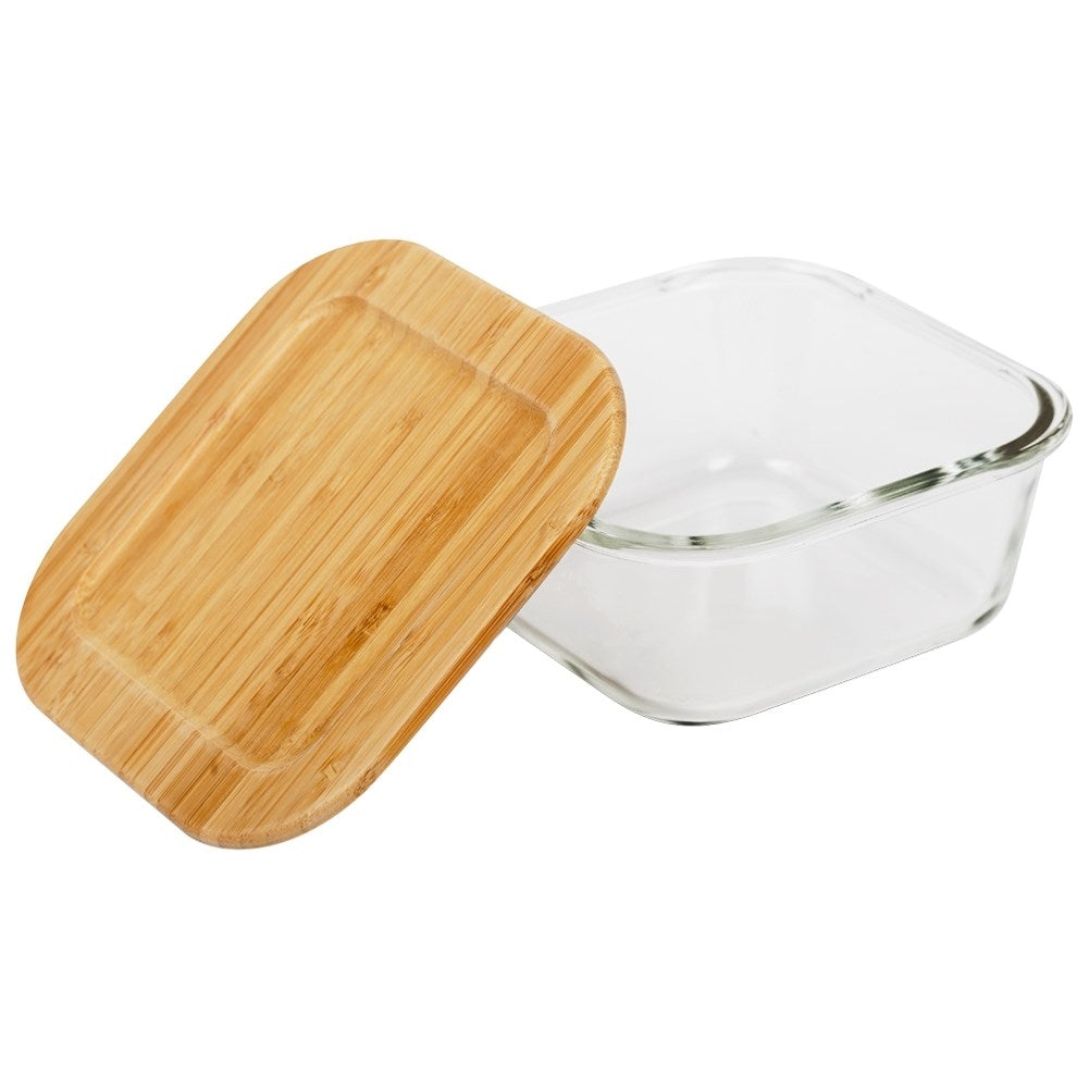 Glass container with bamboo lid and sealing ring for food storage