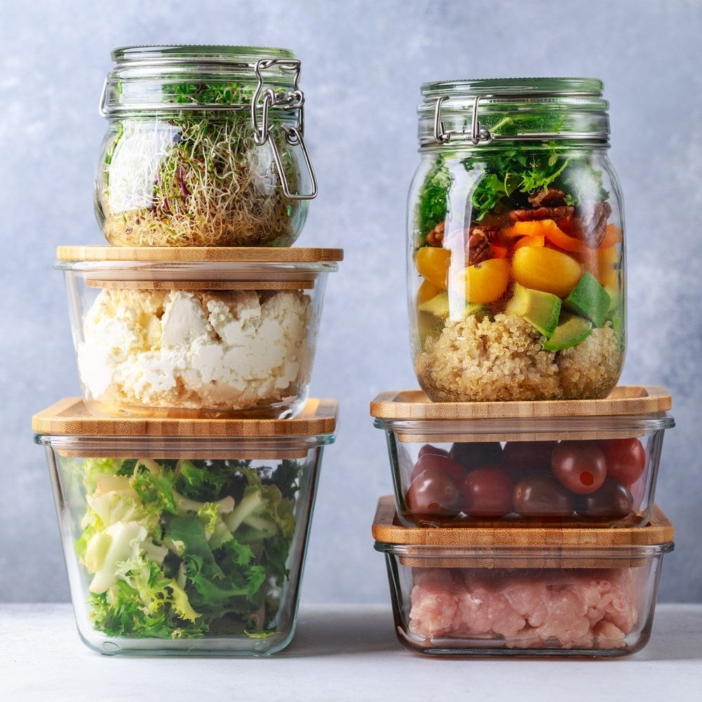 Glass container with bamboo lid for safe food storage