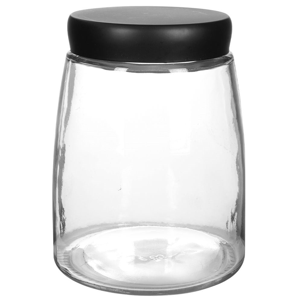Glass container with black lid for food storage