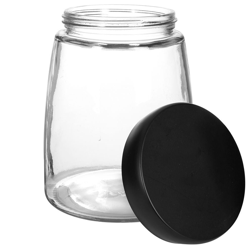 Glass container with black lid for food storage