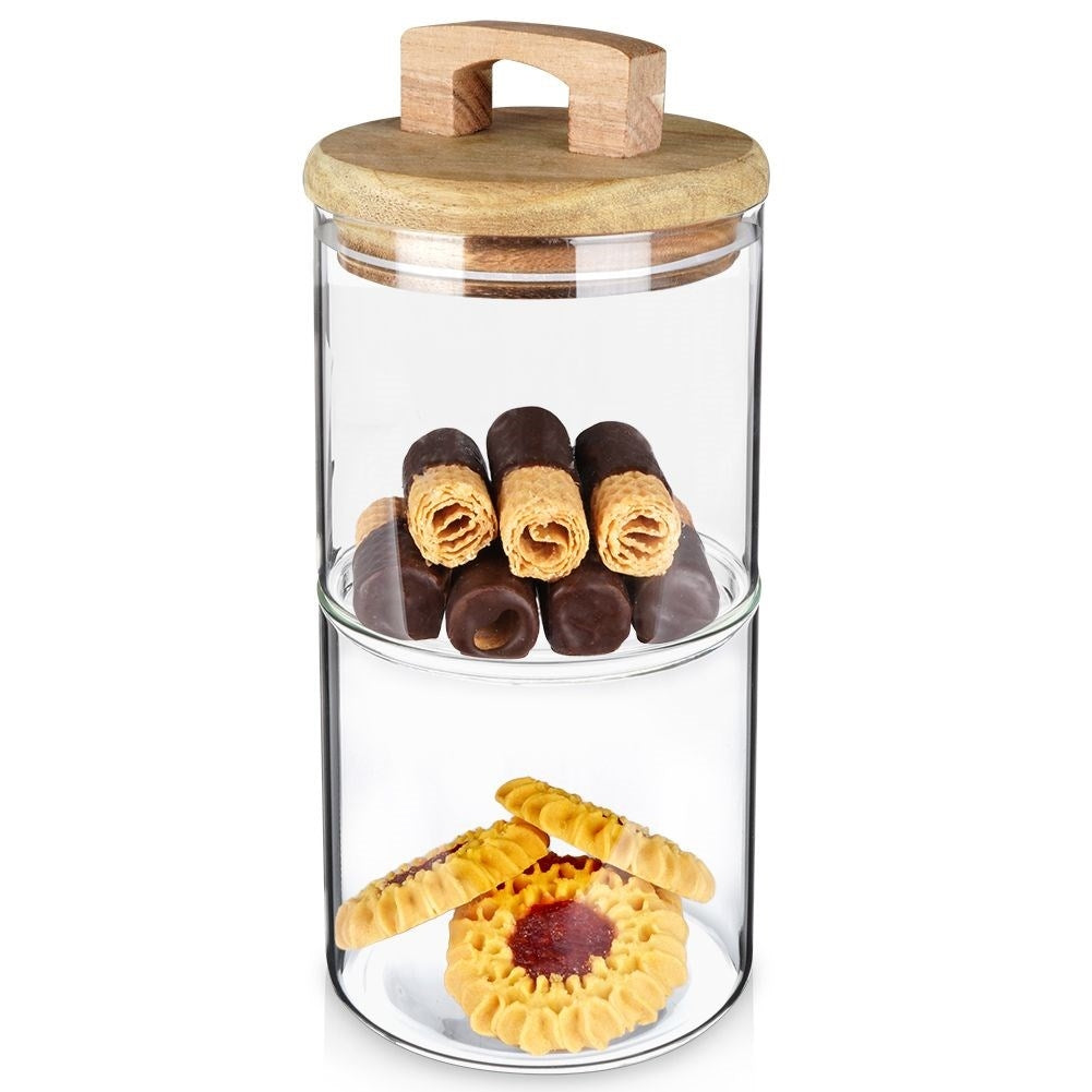 Glass container with wooden lid and silicone seal for food storage