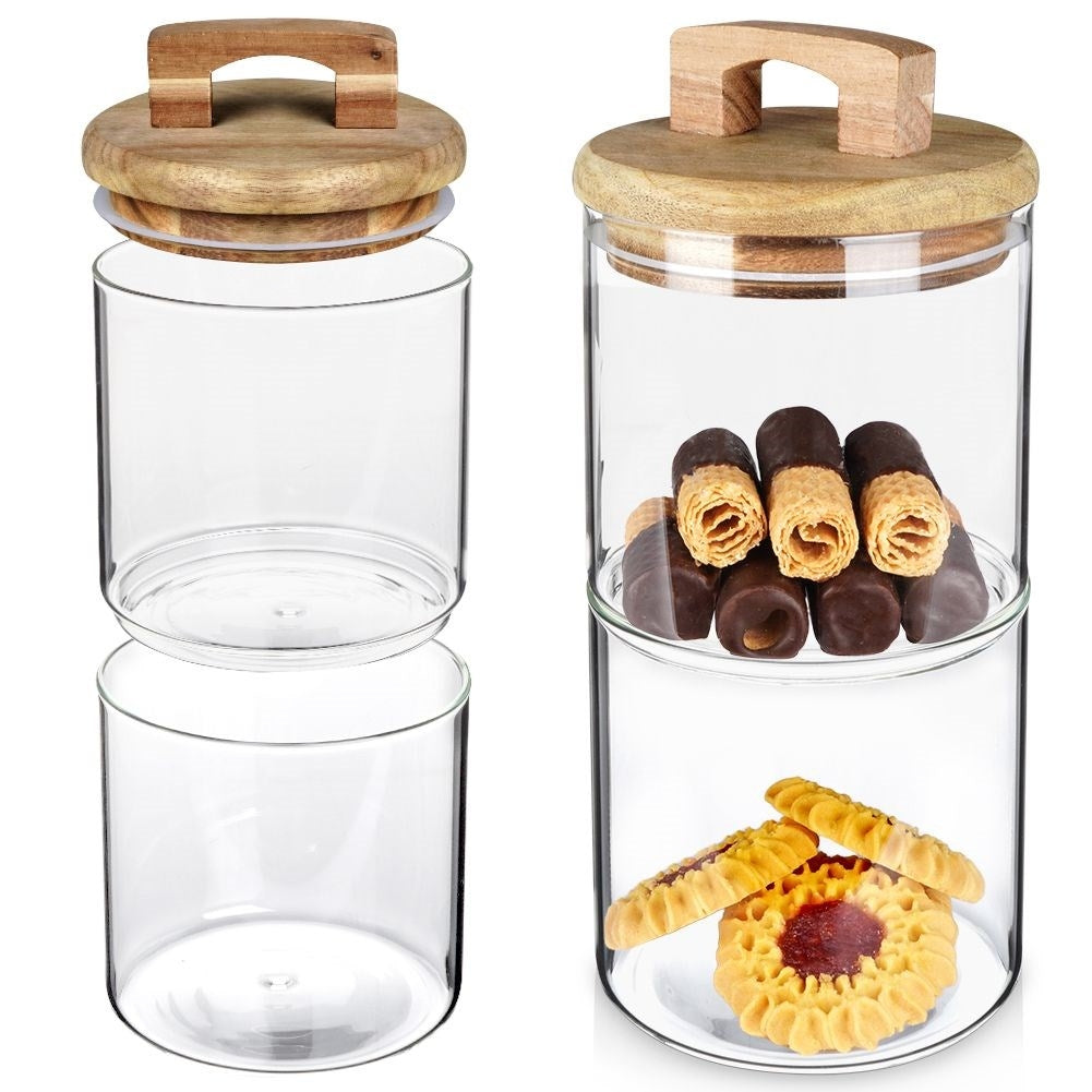 Glass container with wooden lid and silicone seal for food storage