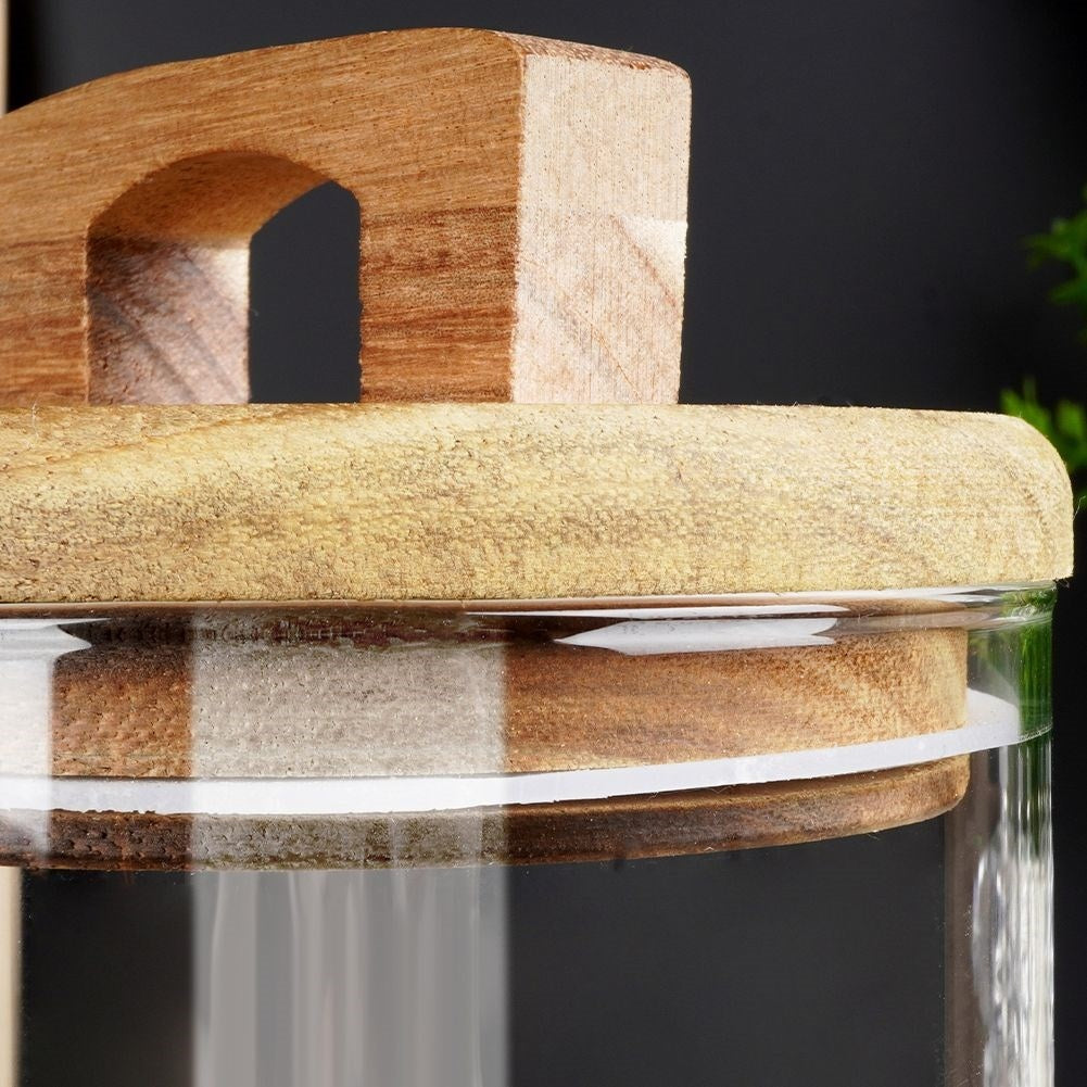 Glass container with wooden lid and silicone seal for food storage