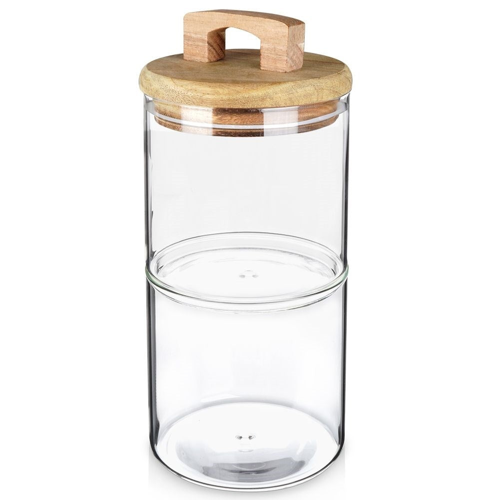 Glass container with wooden lid and silicone seal for food storage