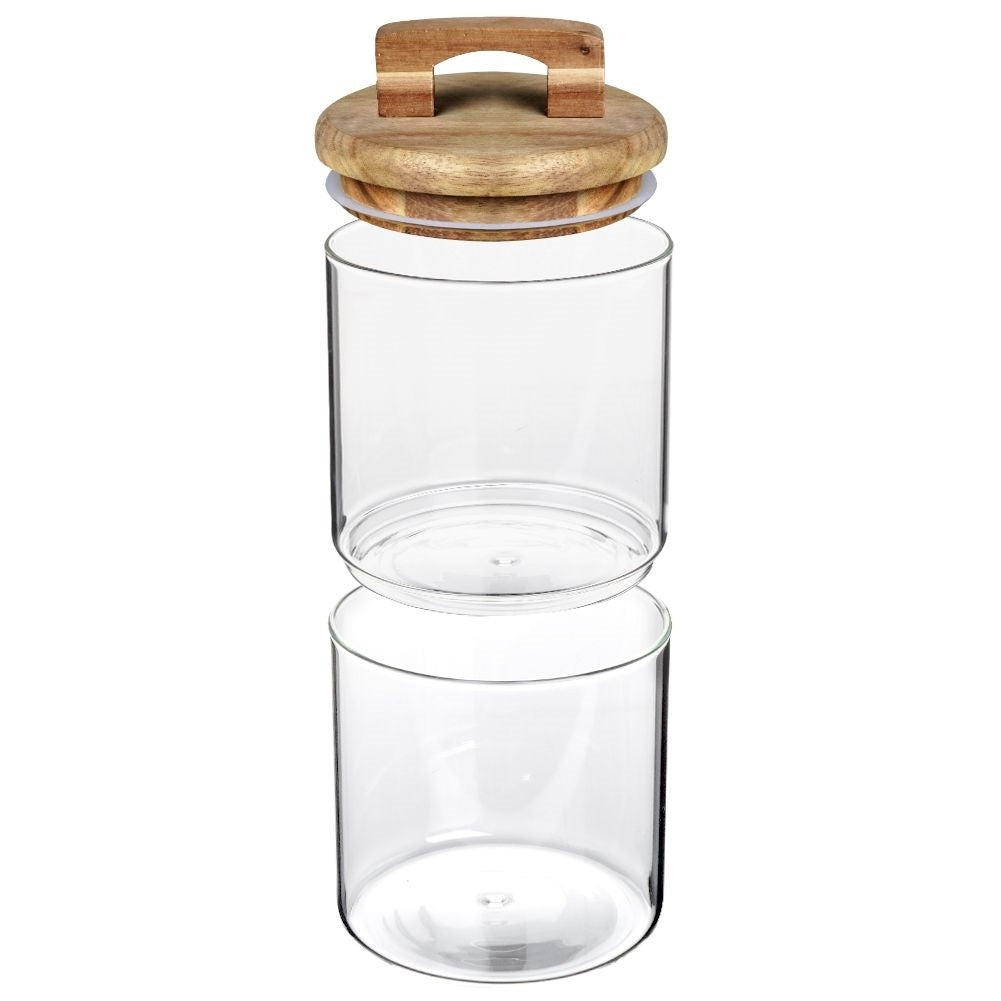 Glass container with wooden lid and silicone seal for food storage