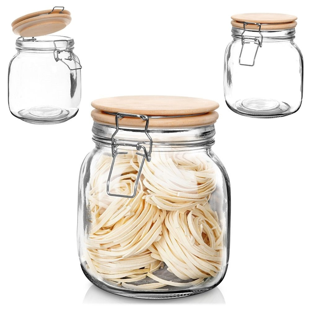 Glass jar 1L with airtight bamboo lid and rubber seal