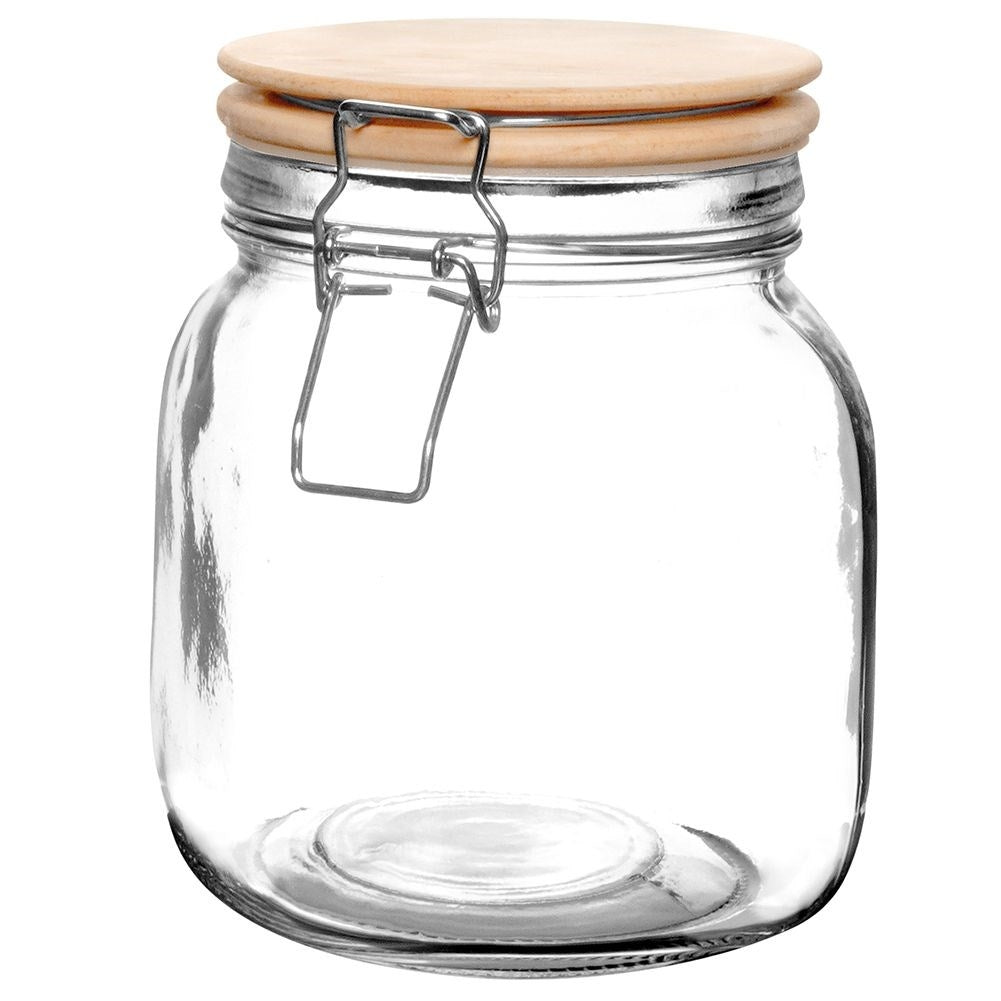 Glass jar 1L with airtight bamboo lid and rubber seal