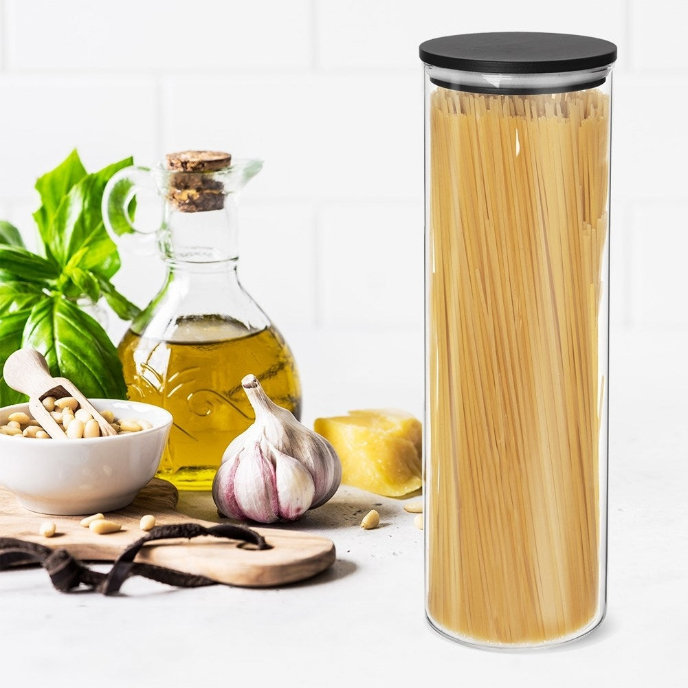Glass jar with bamboo lid for spaghetti and dry goods