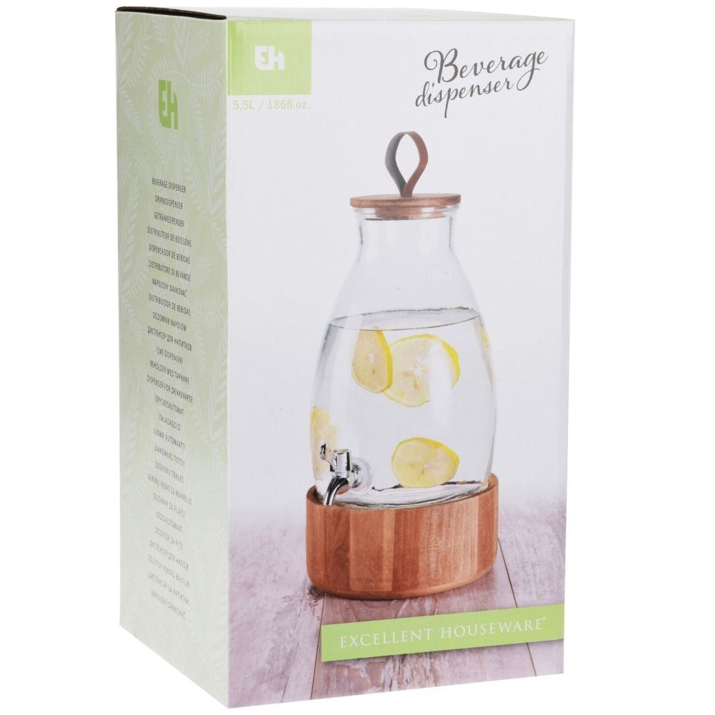 Glass jar with tap and wooden stand for drinks