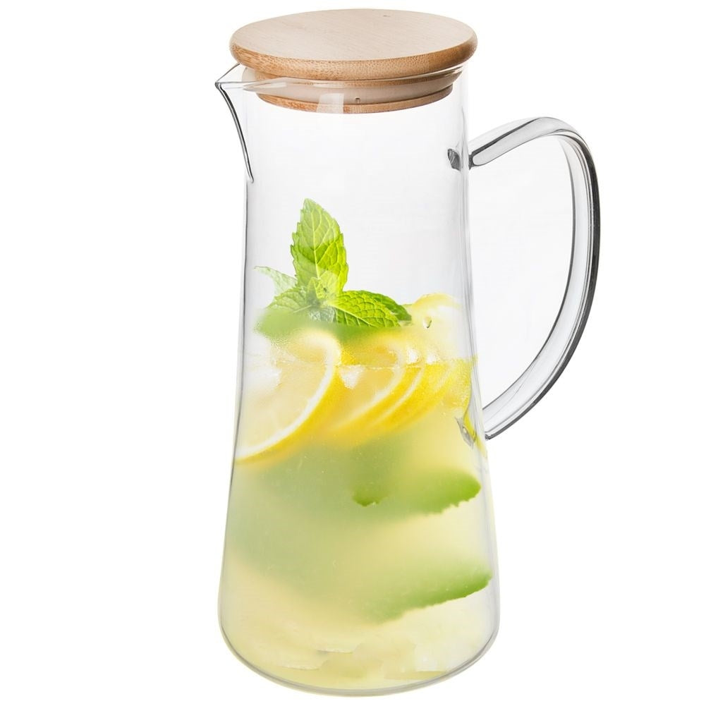 Glass jug for all drinks with handle, pouring spout and bamboo lid