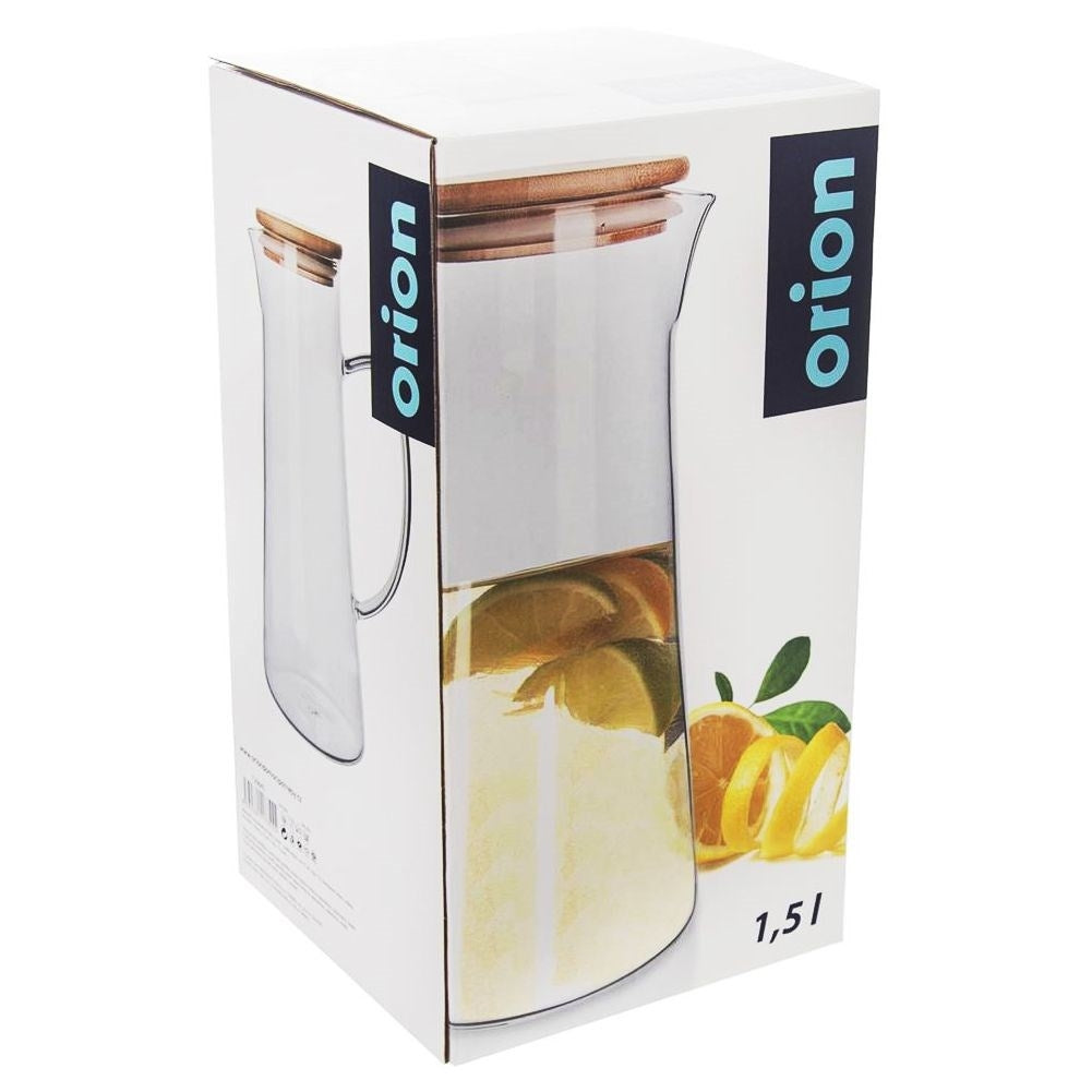Glass jug for all drinks with handle, pouring spout and bamboo lid