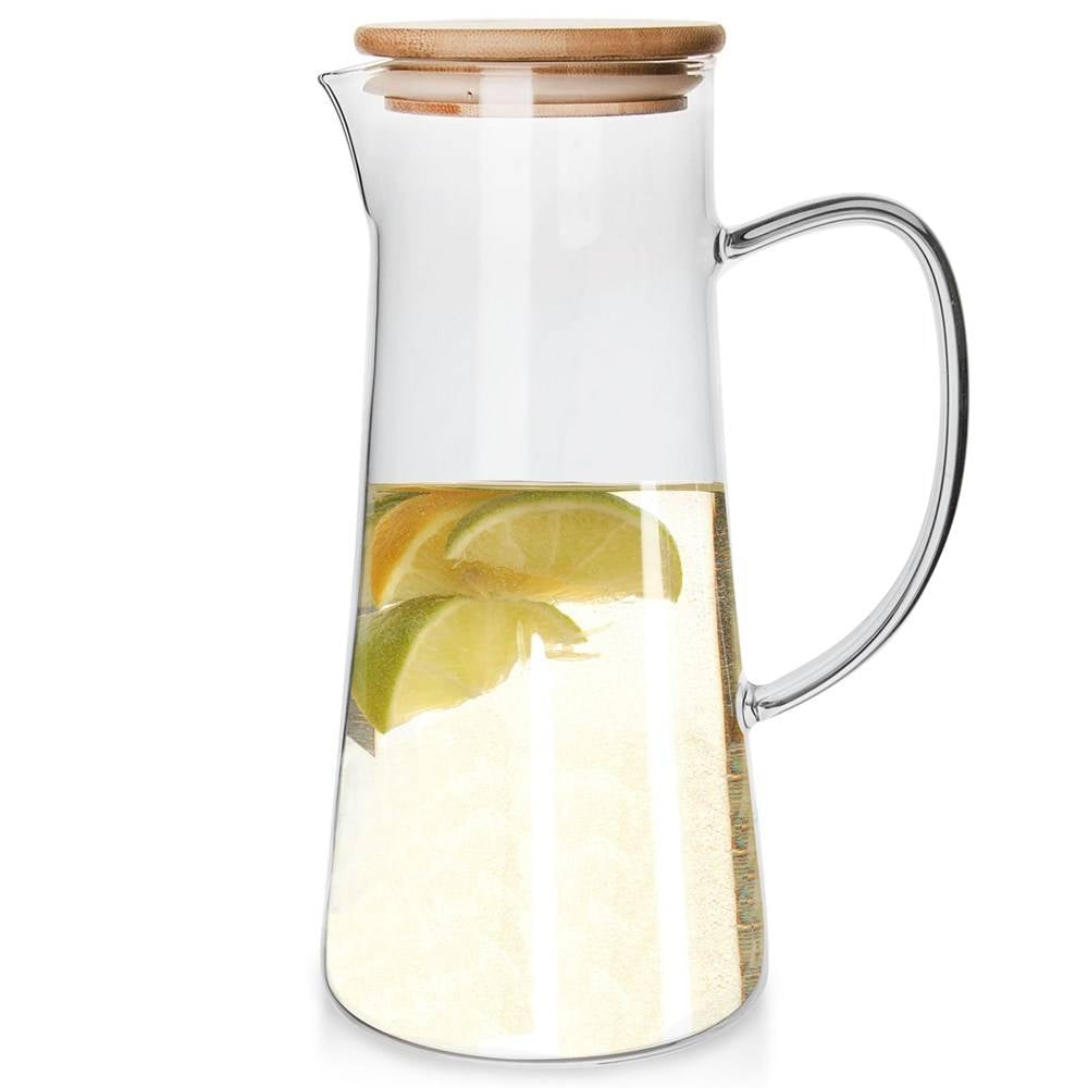 Glass jug for all drinks with handle, pouring spout and bamboo lid
