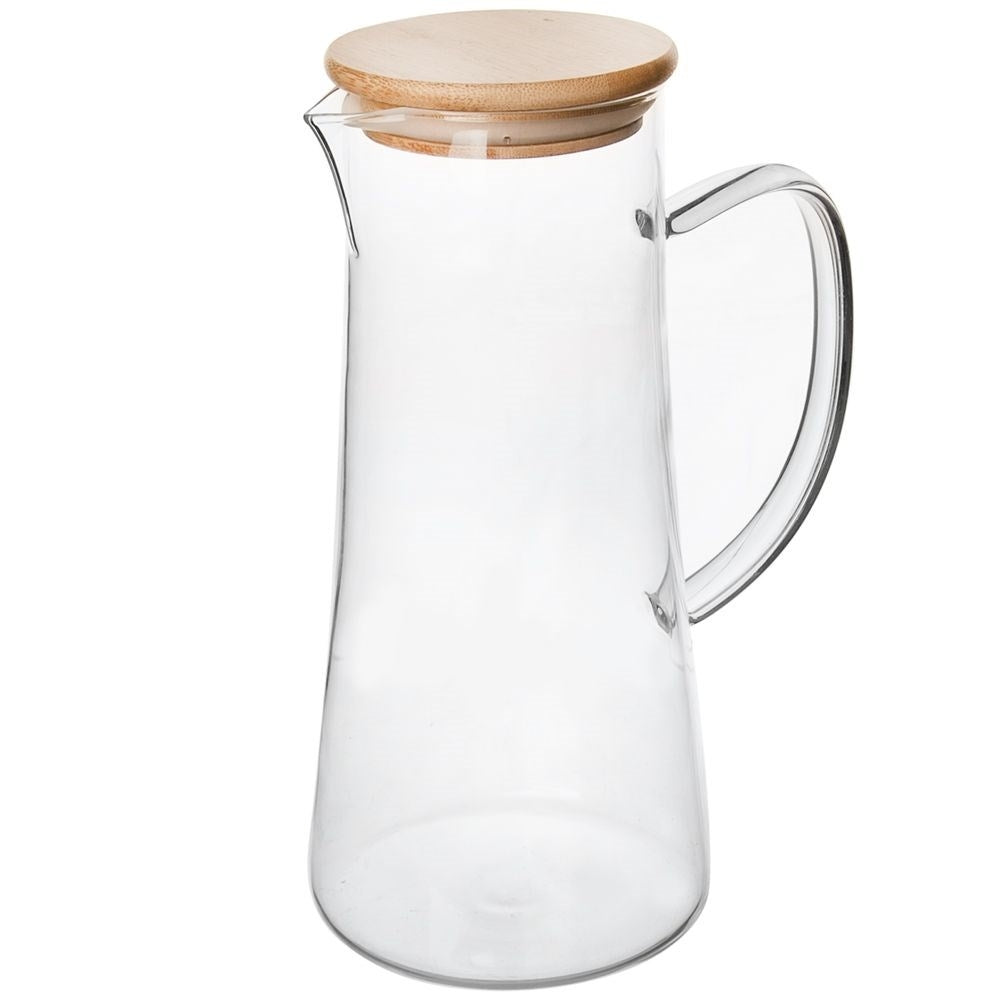 Glass jug for all drinks with handle, pouring spout and bamboo lid