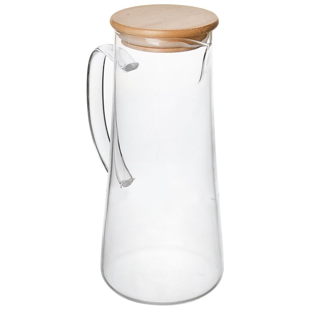 Glass jug for all drinks with handle, pouring spout and bamboo lid