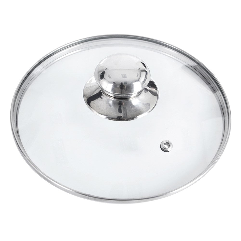 Glass lid with stainless steel rim and steam valve