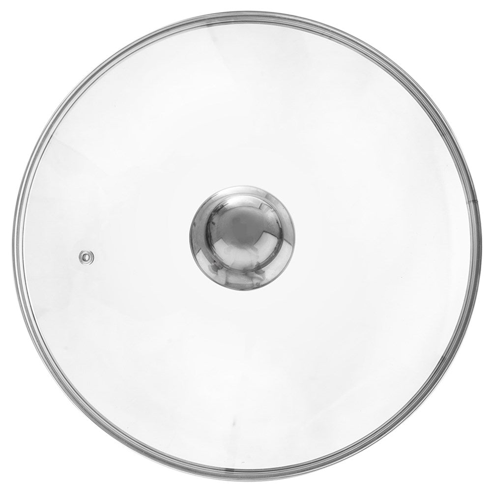 Glass lid with steel edge and steam opening for pots and pans