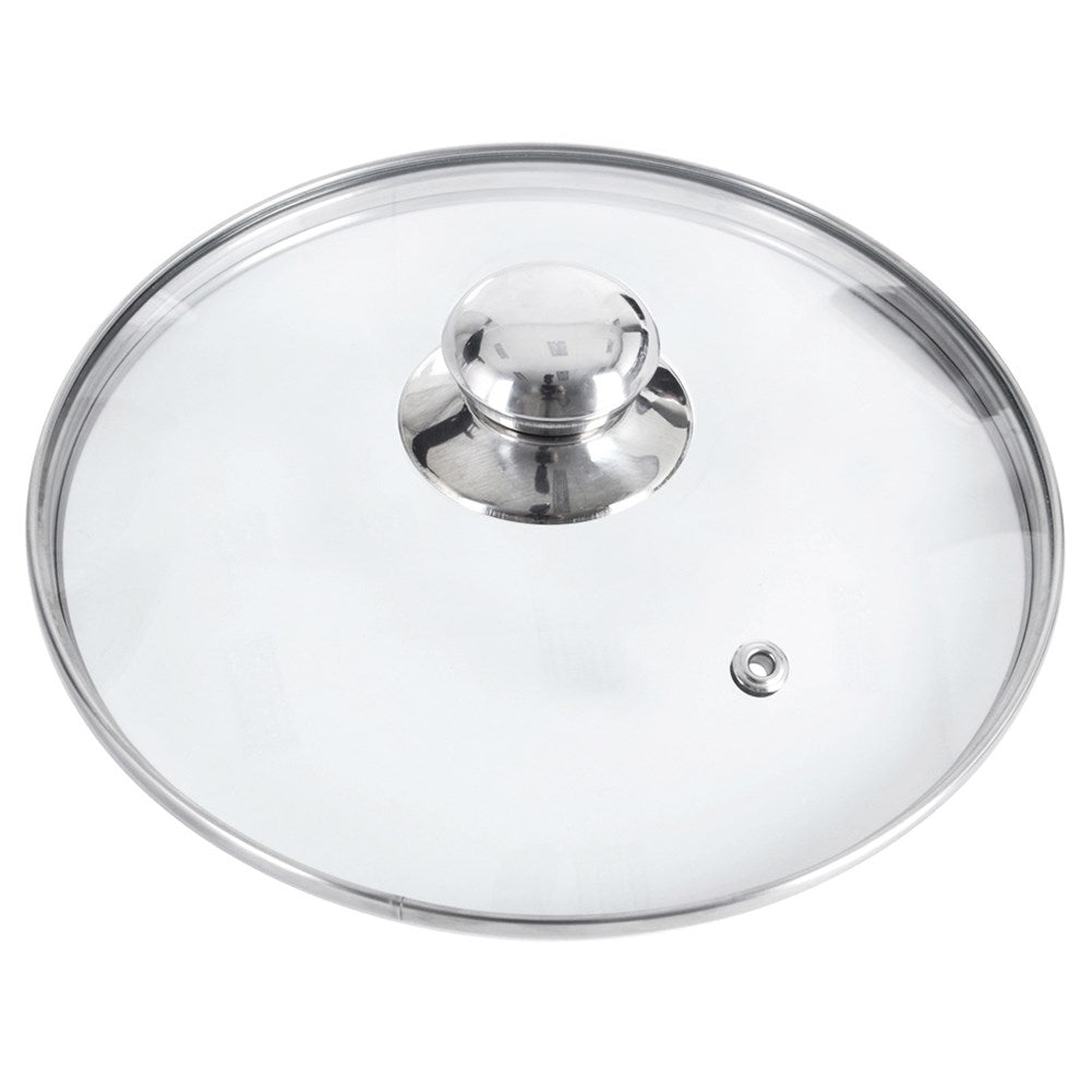 Glass lid with steel edge and steam opening for pots and pans