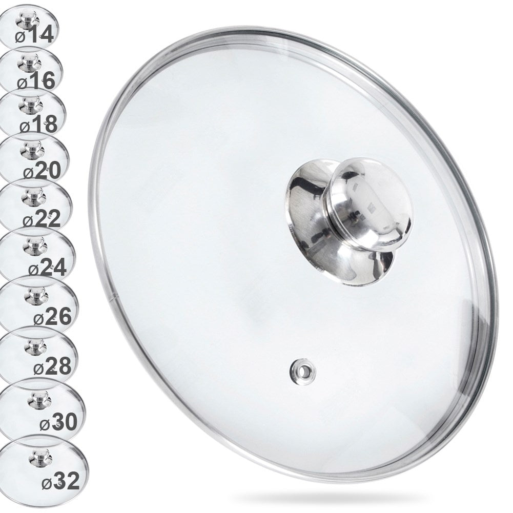 Glass lid with steel edge and steam opening for pots and pans