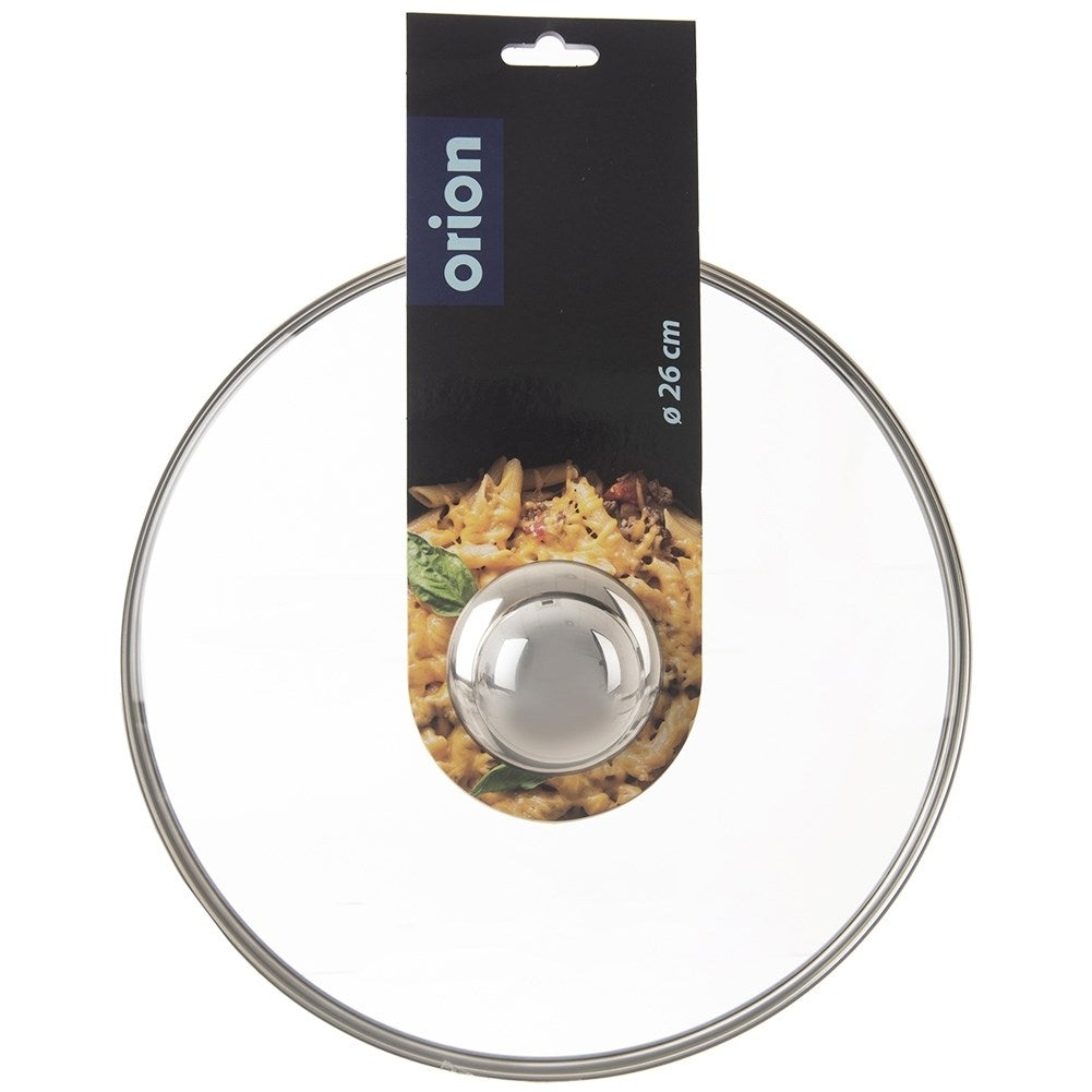 Glass lid with steel edge and steam opening for pots and pans