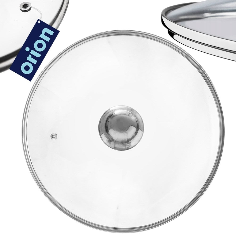 Glass lid with steel edge and steam opening for pots and pans