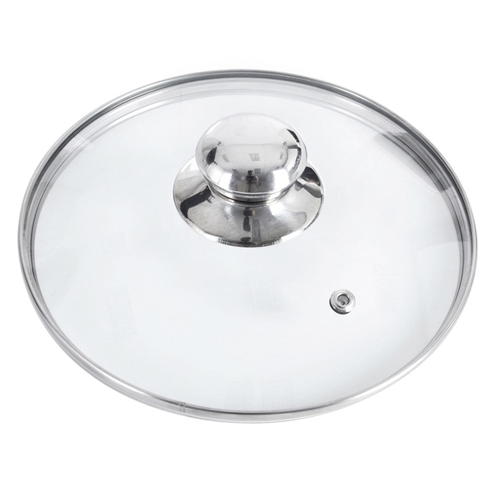 Glass lid with steel edge and steam valve, heat resistant