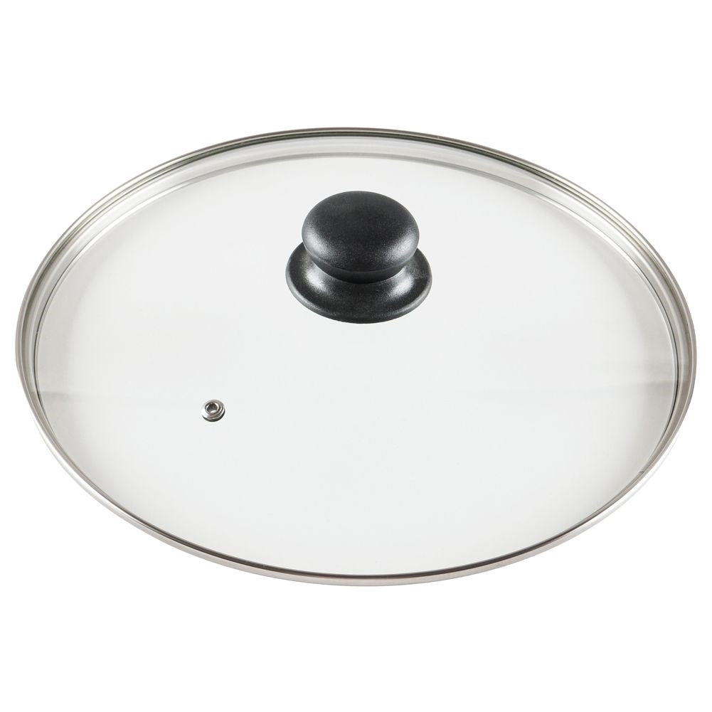 Glass lid with steel edge, plastic grip and steam outlet