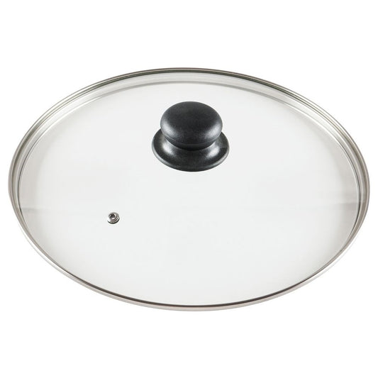 Glass lid with steel edge, plastic grip and steam outlet