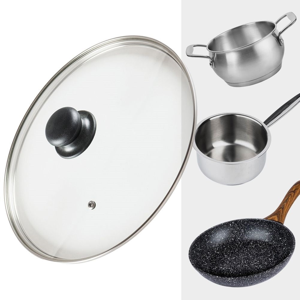 Glass lid with steel edge, plastic grip and steam outlet